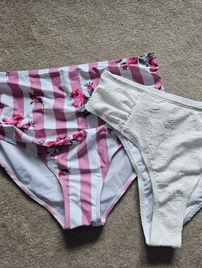 Women's Pink Striped Floral & White Bikini Bottoms - 2-Pack Size XL